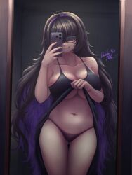 absurdres artist_name black_dress black_hair black_panties breasts cellphone cleavage clothes_lift colored_inner_hair commentary_request dandelion_yarn dress dress_lift female female_torso glasses goddess_of_victory:_nikke highres holding holding_phone label_(nikke) large_breasts lifting_own_clothes long_hair messy_hair mirror mirror_selfie multicolored_hair navel panties phone purple_hair selfie smartphone solo stomach thighs two-tone_hair underboob underwear very_long_hair