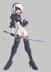 beauty_mark blindfold cleavage cleavage_cutout covered_eyes female gloves high_heel_boots high_heels mole nier nier:_automata nier_(series) short_hair sword thighhighs thighs weapon white_hair yorha_2b