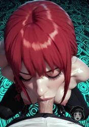 abstract_background ai_generated ai_video alberist braided_ponytail chains chainsaw_man cum cum_in_mouth cum_inside fellatio female glowing_eyes looking_at_viewer makima_(chainsaw_man) nude_male oral oral_sex ponytail pov_hands red_hair tagme thick_lips topless_female video white_shirt