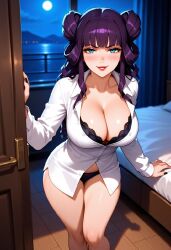1girls ai_generated blue_eyes blush breasts castlevania castlevania:_portrait_of_ruin double_bun drill_hair female female_only large_breasts masturbation nipples nude nude_female on_bed pale-skinned_female pale_skin purple_hair pussy stella_lecarde thighs tied_hair voluptuous voluptuous_female panties black_panties seductive seductive_look seductive_smile white_shirt bedroom bed cleavage