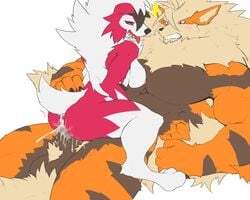 5:4 anthro anus arcanine balls black_body black_fur black_nose blush bodily_fluids breasts canid canine captainjohkid clenched_teeth cowgirl_position cum cum_in_pussy cum_inside female female_penetrated from_front_position fur genital_fluids genitals hi_res looking_pleasured lycanroc male male/female mammal midnight_lycanroc muscular muscular_anthro muscular_male neck_tuft nintendo nipples on_bottom on_top orange_body orange_fur penetration penis pokemon pokemon_(species) sex sweat teeth tongue tongue_out tuft vaginal_penetration video_games white_body white_fur