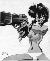 1990s 1998 1girls 20th_century black_hair breasts dark-skinned_female dark_skin dated female gun gunsmith_cats human pointy_chin rally_vincent robert_dejesus short_hair tagme