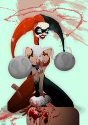 1girls 2010 artist_request artist_signature batman_(series) blood blue_eyes breasts dc dc_comics female female_only harley_quinn harley_quinn_(classic) implied_murder mallet nipples on_knees solo tagme tagme_(artist) violence weapon what