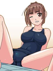 brown_hair cameltoe kimi_kiss lowres oekaki one-piece_swimsuit one_eye_closed sakino_asuka school_swimsuit spread_legs swimsuit watarabe_keiichi wet wink