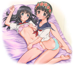 2girls arm_up ass_cleavage barefoot bed black_eyes black_hair blouse blue_eyes blue_panties blue_striped_panties blush bottomless bow_bra bra breasts brown_eyes brown_hair butt_crack cameltoe clitoris clitoris_through_clothes clothing crop_top erect_clitoris feet female female_only flat_chest flower green_eyes hair_flower hair_ornament head_wreath hime_cut human kneeling lace-trimmed_bra leg_lift lingerie long_hair looking_back lying multiple_females multiple_girls navel neckerchief no_pants on_back panties pillow pink_bra pink_panties purple_bra purple_panties saten_ruiko school_uniform serafuku shimapan shirt shirt_lift short_hair soles spread_legs striped striped_panties taniguchi_eiichi to_aru_kagaku_no_railgun to_aru_majutsu_no_index toes uiharu_kazari underboob underwear yuri