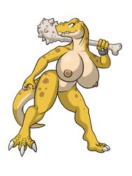 big_breasts claws club dinosaur green_eyes lordstevie nipples scalie sharp_teeth t-rex tail tyrannosaurus_rex weapon