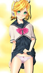 amasora_taichi blonde_hair blush bow bow_panties green_eyes hair_ornament hair_ribbon hairclip headphones kagamine_rin panties project_diva project_diva_2nd pussy_juice ribbon sailor_collar school_uniform serafuku short_hair skirt skirt_lift solo standing underwear vocaloid