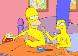 4_fingers bald bed blanket blue_hair bottle breasts chocolate color cup curly_hair edit female flat_colors food front_view holding_bottle holding_cup holding_object homer_simpson huge_eyes human in_bed indoors long_hair looking_aside looking_at_another male marge_simpson matt_groening_(style) mole_(artist) nipples nude overweight_male pillow pink_nipples reclining smile straight the_simpsons toony yellow_skin