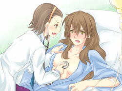 2010 2girls adult adult_and_teenager age_difference blush breasts brown_eyes brown_hair doctor edasaki_banri female female_only hairband harumi hospital_bed human intravenous_drip kiyama_harumi labcoat long_hair multiple_females multiple_girls older_female older_woman_and_teenage_girl open_clothes piku short_hair stethoscope teenage_girl teenager to_aru_kagaku_no_railgun to_aru_majutsu_no_index young younger_female yuri