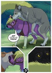 all_fours canine chainedbirds comic doggy_style duo english_text female feral feral_on_feral from_behind fur hair harness juniperskunk kissing male mammal open_mouth sex straight text wolf