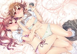 2girls blush bra_pull dress_shirt female female_only frog_panties frog_print gekota green_bra green_panties hair_ornament kamijou_touma lace-trimmed_bra lace-trimmed_panties loose_socks misaka_mikoto multiple_girls on_back on_bed pink_bra pink_panties redrop school_uniform schoolgirl shirai_kuroko shirt_lift skirt_around_one_leg socks sweater_lift sweater_vest sweater_vest_lift teenage_girl teenager teenager_on_teenager to_aru_kagaku_no_railgun to_aru_majutsu_no_index tokiwadai_school_uniform white_socks young