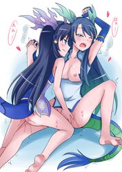 2girls arashi_sora areolae armpits arms_up ass bare_shoulders barefoot blue_eyes blue_hair blush bottomless braid breasts breasts_out dual_persona female fingering green_eyes grin highres horns karin_(p&d) long_hair medium_breasts multiple_girls nipples open_mouth puzzle_&_dragons selfcest single_braid small_breasts smile tail wince yuri