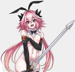 armwear astolfo_(fate) black_armwear black_legwear blush fate_(series) femboy haoro legwear male male_only mostly_nude nipples open_mouth pink_hair pink_hair_male solo sword weapon