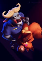 anthro anus chief_bogo clothing disney duo erection genitals hi_res holding_leg hypnosis knot licking licking_lips male male/male mind_control nick_wilde nude paws penis romanwildernessofpain tongue tongue_out upside-down yaoi zootopia zootropolis