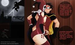 16:9 2boys 2girls against_wall ass assertive assertive_female batman:_the_animated_series batman_(series) belt big_breasts black_hair black_lipstick blue_eyes bodysuit breasts breasts_out cape catwoman catwoman_(dcau) city city_background clothed clothing collar dc dc_comics dcau detailed_background dick_grayson digital_media_(artwork) english english_text exposed_ass exposed_breasts female femdom hair half-closed_eyes handjob harley_quinn harley_quinn_(classic) headgear headwear hermitmoth hi_res highres holding_penis large_breasts light-skinned_female light-skinned_male light_skin lightning lipstick makeup male male/female mask moon nervous night open_mouth outdoors outside pants pants_down penis robin_(dc) robin_(dick_grayson) running shirt short_sleeves smile speech_bubble standing superhero tattoo teeth text the_new_batman_adventures thick_thighs thighhighs thighs tongue uncensored url utility_belt veiny_penis watermark