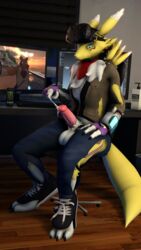 1boy 3d anthro balls black_sclera bottomwear clothing crescentpapermoon digimon green_eyes huge_balls large_penis male male_anthro male_only male_renamon pants penis renamon solo tail topwear