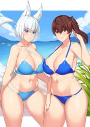 2girls animal_ears arm_at_side arm_behind_back armpits ass_visible_through_thighs azur_lane bangs bare_shoulders beach bikini blue_bikini blue_eyes blue_sky breasts brown_eyes brown_hair cleavage closed_mouth cloud collarbone criss-cross_halter crossover day eyebrows_visible_through_hair fox_ears fox_tail franham hair_between_eyes halterneck hand_in_hair hand_on_own_thigh hand_up highres innertube kaga_(azur_lane) kaga_(kantai_collection) kantai_collection looking_at_viewer multi-strapped_bikini multiple_girls namesake outdoors plant sand shiny shiny_skin short_hair side_ponytail sky smile standing swimsuit tail thick_thighs thighs water white_hair yellow_innertube