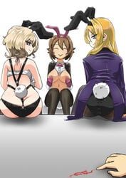 3girls alternate_costume animal_ears ass black_leotard black_shorts blonde_hair blue_eyes breasts brown_eyes brown_hair colorado_(kantai_collection) comic covering_nipples fake_animal_ears fake_tail fishnet_legwear fishnets flipped_hair gloves grey_eyes high_heels highres issandshinnichi kantai_collection large_breasts leotard long_hair long_sleeves meme_attire micro_shorts multiple_girls mutsu_(kantai_collection) navel nelson_(kantai_collection) pantyhose pink_footwear pink_gloves playboy_bunny rabbit_ears rabbit_tail revealing_clothes reverse_bunnysuit reverse_outfit short_hair shorts suspender_shorts suspenders tail thighhighs wrist_cuffs