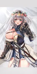 artist_request big_breasts bridal_veil curvy curvy_female curvy_figure female_knight flower_in_hair grey_hair hair_ornament hololive hololive_fantasy hololive_japan knight large_breasts mace shirogane_noel short_hair virtual_youtuber wedding_veil