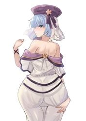 1girls alternate_costume ass ass_focus ass_grab back back_view bare_shoulders blue_eyes blue_hair blush dress female female_only fire_emblem fire_emblem_echoes:_shadows_of_valentia fire_emblem_gaiden fire_emblem_heroes from_behind grabbing_own_ass hat looking_at_viewer looking_back nintendo off_shoulder official_alternate_costume short_hair short_sleeves shoulder_blades silque_(fire_emblem) silque_(valentine's)_(fire_emblem) simple_background solo white_background white_dress wide_hips yui_(msy1302mana)