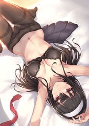 armpits arms_up bed black_bra black_hair black_legwear black_underwear bra breasts clavicle cleavage closed_mouth dutch_angle eyebrows_visible_through_hair female female hairband hip_focus hips kasumigaoka_utaha long_hair looking_at_viewer lying medium_breasts navel no_shoes on_back on_bed panties_under_pantyhose pantsu pantyhose parfaitlate red_eyes saenai_heroine_no_sodatekata skirt skirt_removed solo stomach thighband_pantyhose thighs underwear upside-down