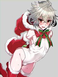 1boy blush eyebrows eyebrows_visible_through_hair fate_(series) femboy haoro legwear leotard male male_only red_legwear sieg_(fate/apocrypha) solo white_leotard