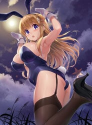 alternate_costume animal_ears armpits ass bangs bare_shoulders black_legwear blonde_hair blush breasts cleavage cloud detached_collar eyebrows_visible_through_hair fake_animal_ears female fletcher_(kantai_collection) full_moon garter_straps gloves hair_ornament high_heels highres kantai_collection large_breasts leotard long_hair looking_at_viewer moon moonlight navel night night_sky open_mouth outdoors playboy_bunny purple_eyes rabbit_ears rabbit_tail shinozuka_jouji skindentation sky solo star_(symbol) star_hair_ornament strapless strapless_leotard tail thighhighs white_gloves wrist_cuffs