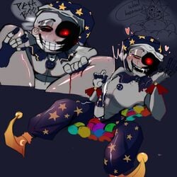 animatronic artist_request ball_pit blush bodily_fluids color cum cumshot daycare_attendant_(fnaf) digital_media_(artwork) ejaculation english_text erection five_nights_at_freddy's five_nights_at_freddy's:_security_breach genital_fluids human looking_at_viewer male moondrop orgasm pants penis robot scottgames sundrop text uncensored