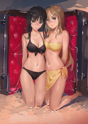 2girls arms_behind_back bikini black_bikini black_eyes black_hair black_swimsuit blue_eyes blush box bra breasts brown_hair case cleavage clothing female forehead-to-forehead front-tie_top halter_top halterneck hjl k-on! kneeling l
 large_breasts long_hair looking_at_viewer luggage medium_breasts mio_akiyama_(k-on!) multiple_girls navel realistic sarong shiny shiny_skin suggestive_fluid suitcase swimsuit thigh_gap tsumugi_kotobuki_(k-on!) underwear yellow_bikini yellow_sarong yellow_swimsuit