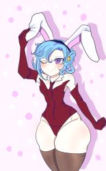 1girls blue_hair bunny_ears bunnysuit chiebukuro_setsuka danganronpa danganronpa_another fanganronpa gloves hair_ornament narrow_shoulders one_eye_closed purple_eyes red_gloves sdra2 smooth_skin stockings super_danganronpa_another_2 thick_thighs thin_arms thin_waist tie wide_hips