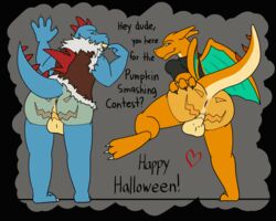 5:4 alligator alligatorid animated anthro anus ass balls bottomless charizard clothed clothing crocodilian dragon duo english_text feraligatr firetail_taevarth food fruit genitals gnasher_taevarth halloween halloween_party heart holidays jack-o'-lantern kodigozoot looking_at_viewer looking_back male male/male nintendo painted_butt plant pokémon_(species) pokemon pokemon_(species) presenting presenting_hindquarters pumpkin pumpkin_butt raised_leg reptile scalie short_playtime text video_games