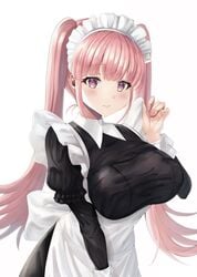 alternate_costume bangs breasts female_only fire_emblem fire_emblem:_three_houses grin hilda_valentine_goneril large_breasts long_hair maid nail_polish nintendo pink_eyes pink_hair pink_nails smile solo twintails white_background yui_(msy1302mana)