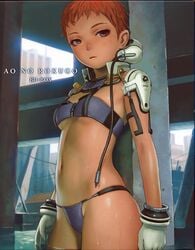 1girls blue_submarine_no._6 breasts cowboy_shot dark-skinned_female dark_skin female gloves human machine mayumi_kino official_art petite pinup purple_eyes range_murata red_hair short_hair small_breasts solo solo_female swimsuit swimwear thighs tomboy two_piece_swimsuit very_short_hair wide_hips