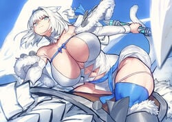 big_breasts blue_eyes bouncing_breasts cat_ears cat_tail catgirl curvy dobrynya_nikitich_(fate) fate/grand_order fate_(series) huge_breasts melon22 muscular_female muscular_thighs riding_on_back short_hair thick_thighs thighhighs white_hair