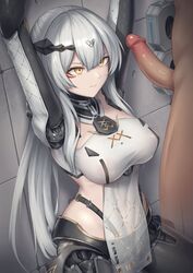 1boy android arms_up bangs breasts closed_mouth clothed_female_nude_male erection female girls'_frontline hair_between_eyes hair_ornament highres large_breasts long_hair looking_at_penis mingke nude paradeus penis silver_hair solo_focus straight teal_(girls'_frontline) uncensored yellow_eyes