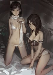 2girls arm_garter asian asian_female bare_shoulders bikini black_bra black_hair black_panties black_underwear bow bra breasts brown_hair choker cleavage clothing fatal_frame fatal_frame_5 female hair_ornament hairbow hinasaki_miu hjl human kneeling kozukata_yuri large_breasts long_hair looking_at_viewer matching_underwear multiple_girls navel pale_skin pantsu scarf side-tie_bikini small_breasts spread_legs strapless strapless_bra swimsuit underwear underwear_only white_bikini white_swimsuit