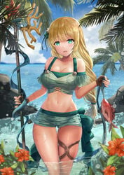 1girls alternate_costume ass_visible_through_thighs bikini blonde_hair blue_sky breasts brown_gloves cleavage cloud commentary_request day female female_only fingerless_gloves fire_emblem fire_emblem:_three_houses fire_emblem_heroes fish flower gloves green_bikini green_eyes green_swimsuit hair_flower hair_ornament highres holding ingrid_brandl_galatea ingrid_brandl_galatea_(summer) long_hair medium_breasts midriff navel nintendo official_alternate_costume open_mouth outdoors palm_tree polearm sky solo swimsuit tree wading water weapon yui_(msy1302mana)