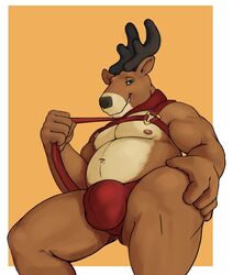 anthro antlers big_bulge bulge capreoline cervid christmas collar countershading genital_outline harness hi_res holidays horn leash leash_pull looking_at_viewer male mammal musclegut muscular muscular_male nsix overweight overweight_male penis_outline reindeer simple_background smile solo