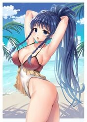 1girls :d alternate_costume armpits arms_up bare_thighs beach blue_eyes blue_hair braid breasts cleavage female_only fire_emblem fire_emblem:_the_sacred_stones fire_emblem_heroes large_breasts long_hair looking_at_viewer nintendo ocean official_alternate_costume one-piece_swimsuit open_mouth ponytail red_swimsuit sand sideboob smile solo swimsuit tana_(fire_emblem) tana_(summer)_(fire_emblem) thighs twin_braids yui_(msy1302mana)