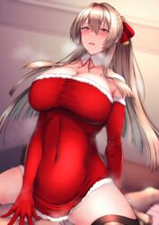 1boy azur_lane bangs bare_shoulders blush breasts brown_hair christmas cleavage clothed_female_nude_male clothed_sex covered_navel cowgirl_position cum detached_collar dress elbow_gloves female fur-trimmed_dress fur-trimmed_gloves fur_trim gloves hair_ribbon highres large_breasts long_hair looking_at_viewer mole mole_under_mouth nude ootori_subaru open_mouth pink_eyes red_dress red_gloves red_ribbon ribbon sex short_dress sidelocks spread_legs straddling straight swiftsure_(azur_lane) thighs tight_clothing tight_dress tight_fit vaginal_penetration