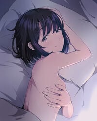 arm_above_head armpits asou_(asabu202) back bare_back bed black_eyes black_hair blush brown_eyes brown_hair covering covering_breasts covering_one_breast female hair_between_eyes hand_on_own_head hands high_resolution katou_megumi looking_at_viewer lying lying_on_bed messy_hair naked_sheet nude on_bed on_side pillow saenai_heroine_no_sodatekata short_hair shoulder_blades smile solo under_covers viewed_from_above