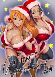 2girls christmas christmas_outfit female female_only konakona large_breasts multiple_girls nami nico_robin one_piece post-timeskip santa_costume santa_hat tao_5757