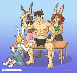 abs anthro background bench biceps big_breasts blue_eyes blueumbra boxers_(clothing) breasts brown_body brown_fur brown_hair brown_skin bunny bunny_ears bunny_girl bunny_tail cameltoe clothes crotch dark-skinned_female dark_skin deltoids feet flexing flexing_bicep furry group hair human hunk legs mammal muscle_worship muscles muscular muscular_male outfit pecs purple_eyes ripped signature silver_hair simple_background smile smiling sparkles straight teeth thighs toes triceps watermark white_body white_fur white_skin william_(blueumbra) yellow_eyes