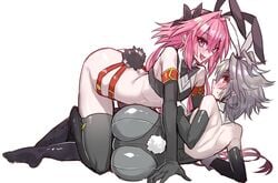 2boys armwear astolfo_(fate) black_armwear black_legwear blush bunnysuit fate_(series) femboy femboy_on_femboy gay haoro legwear male male_only pink_hair pink_hair_male short_tail sieg_(fate/apocrypha) tail