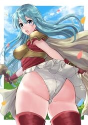 1girls :o angry aqua_hair armor ass ass_focus bare_thighs blue_eyes blue_hair border breastplate cape eirika_(fire_emblem) fingerless_gloves fire_emblem fire_emblem:_the_sacred_stones foreshortening gloves holding holding_sword holding_weapon large_ass long_hair looking_at_viewer looking_back nintendo open_mouth panties pantyshot pantyshot_(standing) red_gloves red_shirt red_thighhighs shirt short_sleeves skirt solo sword thick_thighs thigh_boots thighhighs thighs underwear upskirt weapon white_border white_panties white_shirt yui_(msy1302mana)