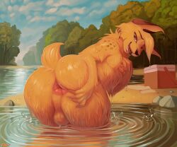 2d 2d_(artwork) absurd_res anthro ass backsack balls bobcat edjit felid feline fur genitals hi_res lynx male mammal minute outside presenting presenting_hindquarters solo tagme water wet wet_body wet_fur