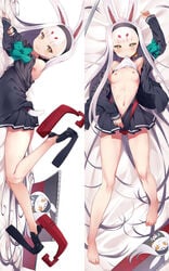 1girls animal_ears arms_up azur_lane bare_legs blush breasts bunny_ears clothes_lift clothes_pull dakimakura female full_body hair_between_eyes headband jacket kochipu legs_up long_hair looking_at_viewer lying mouth_hold multiple_views shimakaze_(azur_lane) silver_hair small_breasts solo yellow_eyes