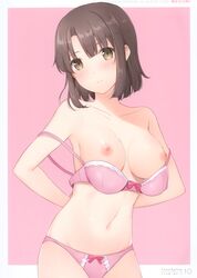 6u 6u_(eternal_land) bangs bare_shoulders blush bow bow_bra bow_panties bra breasts brown_eyes brown_hair character_name clavicle closed_mouth eternal_land eyebrows_visible_through_hair female high_resolution katou_megumi large_filesize medium_breasts navel nipples page_10 page_number pantsu pink_bow_panties pink_bra pink_panties saenai_heroine_no_sodatekata scan shiny shiny_hair shiny_skin short_hair simple_background solo stomach underwear underwear_only undressing very_high_resolution