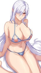 absurdres arknights bare_arms bare_shoulders barefoot blue_panties blush bra breasts cleavage closed_mouth female female freed_turing gladiia_(arknights) groin hair_over_one_eye highres large_breasts long_hair looking_at_viewer navel nippleless_clothes nipples panties pointy_ears purple_bra red_eyes silver_hair simple_background sitting skindentation smile solo stomach thighs underwear underwear_only very_long_hair wariza white_background