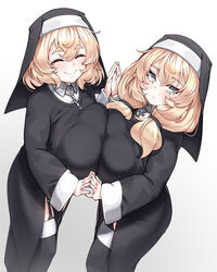 2girls black_legwear black_robe blonde_hair breast_press breasts closed_eyes cross cross_necklace garter_straps habit highres huge_breasts jewelry konoshige_(ryuun) light_blue_eyes long_sleeves medium_hair multiple_girls necklace nun nun_(konoshige) original rookie-chan_(older_sister)_(konoshige) rookie-chan_(younger_sister)_(konoshige) ryuun_(stiil) saint short_hair siblings sisters symmetrical_docking thighhighs